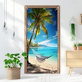 cheap Garage &amp; Door Banners-Scenic Coastal Sea View Sailboat Yacht on Turquoise Water with Rocky Cliff and White Flowers Beach Door Banner Cover Wall Tapestry for Home Interior Wall Decoration Front Door Entryway