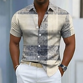 voordelige Geometrisch patroon-Voor heren Geometrisch Kleurenblok Lapwerk Overhemd Overhemd met knopen Casual overhemd Korte mouw Mode-casual Streetwear Vakantie Lente Herfst Strijkijzer 3D-afdrukken shirts met kraag blauw Taling