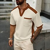 abordables Camiseta de punto gofre-Hombre Camiseta con diseño de gofre Camiseta Camisa manga corta Camiseta superior Manga Corta Escote en Pico Verano Primavera Bloque de color Ropa de calle Elegante Casual Bloque de Color Bolsillo