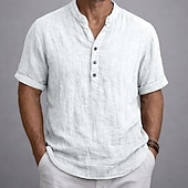 abordables Clásico-Hombre Camisa Camisa de lino Camisa de manga corta Camisa de verano Ropa de playa Henley Shirt Plano Casual Vacaciones Blanco Caqui Gris Manga Corta Henley Verano Primavera Ropa