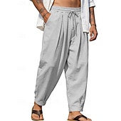 baratos Feriado-Homens Calças de linho Calça verão Calças de praia Com Cordão Bolsos Tecido Confortável Respirável Comprimento total Diário Casa Ao ar livre Férias Simples Preto Branco Sem Elasticidade