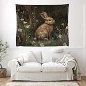 cheap Wall Tapestries-Easter Cute Bunnies Playing Violin Spring Garden Colorful Eggs Basket Flowers Oil Painting Style Wall Tapestry Wall Hanging Living Room Kids Bedroom Home Decor Party Backdrop