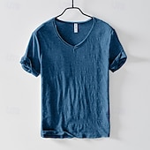 economico T-shirt in Cotone e Lino-Per uomo Maglietta di cotone Maglietta Manica Corta Maniche Corte Scollo a V Estate Tutte le stagioni Semplice Moda Designer Essenziale Stile Classico Base Casuale Vacanza Streetwear Blu Cammello Nero