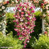 abordables Fleurs artificielles-Lot de 2 ou 4 guirlandes de liserons artificiels réalistes (maille 69) à suspendre – fleurs artificielles roses et rouge rosé, résistantes aux UV, idéales pour la décoration intérieure et extérieure,