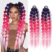 economico Capelli all'uncinetto-2 pezzi di extension per coda di cavallo sintetiche colorate a forma di bolla, extension per capelli intrecciati leggeri da 24 pollici, accessori per festival rave per ragazze, giornata dei capelli