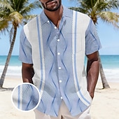 cheap Geometric Pattern-Men's Geometric Waves Button Up Shirt Crinkle Shirt Seersucker Shirt Short Sleeve Fashion Casual Daily Beach Vacation Wear Summer Spring Turndown 3D Print Bubble Textured Shirt Soft Blue Yellow