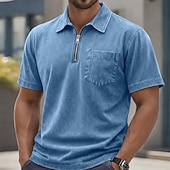abordables Polo classique pour homme-Homme Polo Chemise 100% coton délavée à l'acide Occasionnel Tenue quotidienne Zip quart Manche Courte ancien Basique Uni Avec Poches Affligé Été Coupe régulière Vert Armée Noir Rose Claire bleu