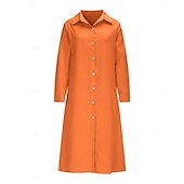 abordables Robe Simple-Femmes Robe Midi Robe Chemise Robe Décontractée Robe trapèze Robe en faux lin Mode Basique Moderne Quotidien Vacances Sortir Coupe régulière Uni manche longue Col de chemise Bleu Noir Vin Orange