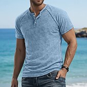 baratos Camiseta Henley Casual-Homens Camisetas Top Henley Camiseta de algodão Camisa lavada Manga Curta Côr Sólida Tecido Cor Única Vintage Designer Casual Tingimento em peça Desaparecido Botões Gola Redonda Henley Casual Diário