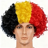 baratos Perucas de Carnaval-Peruca afro listrada tricolor - cabelo cacheado nas cores da bandeira nacional para fãs de esportes