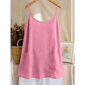 baratos Blusas Simples-Regata feminina com bolso, lisa, moderna, elegante, clássica, sem mangas, gola redonda, ideal para uso diário, passeios e fins de semana. Cores: azul, preta, branca, amarela, rosa. Verão e primavera.