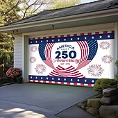 cheap Garage &amp; Door Banners-4th of July 2026 250th Memorial Day Anniversary 1775 Wavy American Flag Stars Stripes Fireworks Garage Door Banner Patriotic Outdoor Decoration Independence Day 4th of July Celebration Mural Backdrop