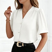 cheap Plain Blouses-Women's Shirt Dress Shirt Button Up Shirt Ruched Buttons Solid Color Elegant Fashion Daily Short Sleeve V Neck Regular Tops Streetwear Office Work Blue Black White Red Apricot Summer Spring