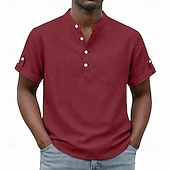 cheap Men's Popover Shirts-Men's Shirt Popover Shirt Casual Shirt Button Up Shirt Light Pink Black Yellow Light Green Pink Short Sleeve Plain Grandad Collar Casual Daily Clothing Apparel Elegant Fashion Casual