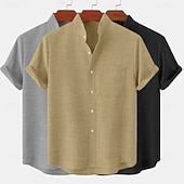 billige Klassisk-Herre Linskjorte Sommerskjorte Uformell skjorte Skjorte med bandkrage عادي Avslappet Strand Svart+Grå+Grønn Svart+Hvit+Grå svart+hvit+grønn svart+khaki+grønn Kortermet Høy krage Vår sommer Sommer Klær