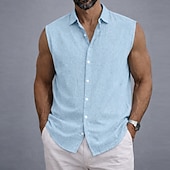 abordables Classique-Homme Chemise Chemise en lin Chemise d'été Tenue de plage Chemise Boutonnée T-shirt sans manches Uni Occasionnel Quotidien Bleu Blanche Sans manches Col Rabattu Été Printemps Vêtement Tenue