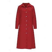 abordables Robe Simple-Femmes Robe Midi Robe Chemise Robe Décontractée Robe trapèze Robe en faux lin Mode Basique Moderne Quotidien Vacances Sortir Coupe régulière Uni manche longue Col de chemise Bleu Noir Vin Orange