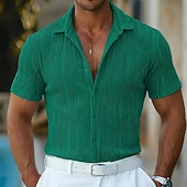 cheap Men's Button Up Shirts-Men's Shirt Summer Shirt Casual Shirt Button Up Shirt Jacquard Shirt Blue Black White Green Short Sleeve Lines / Waves Textured Collar Casual Daily Jacquard Clothing Apparel Fashion Casual Comfortable