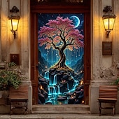 baratos Banners de Garagem e Porta-Árvore da vida, lua cheia gigante, raízes brilhantes, paisagem noturna mística, banner de porta, tapeçaria de parede, decoração para casa, decoração de porta de entrada, decoração de hall de entrada,