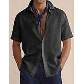 cheap Classic-Men's Shirt Linen Shirt Button Up Shirt Solid Color Vacation Street Black White Yellow Light Green Short Sleeve Shirt Collar Summer Spring Clothing Apparel Buttons