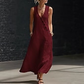  abito lungo da donna in cotone e lino, prendisole, abito a trapezio, abito svasato, vacanza, casual, boho, quotidiano, spiaggia, festa, vestibilità ampia, tinta unita, senza maniche, scollo a V, nero,