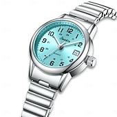 abordables Montres à quartz-Montre femme facile à lire, à quartz, avec bracelet extensible en acier inoxydable, cadran bleu turquoise avec affichage de la date, étanche, élégante et décontractée, idéale comme cadeau pour femme