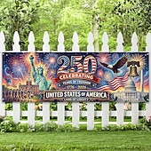 voordelige 250e Verjaardag-Banner ter ere van het 250-jarig jubileum van de VS: 250 jaar vrijheid. Een banner die de geschiedenis van de VS viert, met het Vrijheidsbeeld, de adelaar en vuurwerk. Perfect voor patriottische festiviteiten.