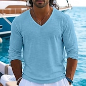 Недорогие Хлопковые Льняные Футболки-Муж. Футболка Футболка из льна Длинный рукав V-образный вырез Лето Весна Весна лето Сплошной цвет Полотняное плетение Текстура Повседневные На каждый день Уличный стиль Гладкая ткань