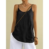 baratos Blusas Simples-Regata feminina com bolso, lisa, moderna, elegante, clássica, sem mangas, gola redonda, ideal para uso diário, passeios e fins de semana. Cores: azul, preta, branca, amarela, rosa. Verão e primavera.