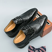 levne Brogue boty-Pánské červeno-černé oxfordské boty s krokodýlím vzorem, šněrovací lakované kožené společenské boty, módní společenská obuv na svatby, bankety, večírky, maturitní plesy, divadelní vystoupení a výrazné večerní nošení.