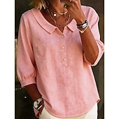 billige Skjorter-Dame Skjorte Skjorter i bomullslin Pullover Helfarge عادي Elegant Ferie Årgang 3/4 ermer Lange topper Daglig utendørs Gateklær Hvit Rosa Himmelblå Grønn Kakifarget Sommer Vår Høst
