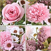 cheap Artificial Flower-Artificial Flowers Like Real Artificial Bouquet 2/4 Packs Silk Artificial Roses Bouquet with Daisy Chrysanthemum Pink Flowers for Valentines Day Centerpiece Table Wedding Party Decor
