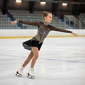 cheap Figure Skating Dresses-Figure Skating Dress Girls' Ice Skating Dress Black Patchwork Asymmetric Hem Stretchy Training Competition Skating Wear Classic Crystal / Rhinestone Long Sleeve Ice Skating Figure Skating