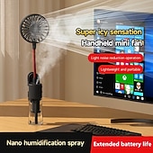 Недорогие Портативные вентиляторы-Портативный вентилятор с USB-зарядкой и функцией распыления, компактный и легкий, с 4 скоростными режимами, сверхтихой работой и мощным воздушным потоком.