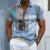 voordelige Geometrisch patroon-Men's Geometric Color Block Patchwork Shirt Button Up Shirt Casual Dress Shirt Short Sleeve Fashion Casual Streetwear Vacation Spring Fall Turndown 3D Print Collared Shirts Blue Purple Green Khaki