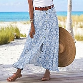 お買い得  カジュアルスカート-女性用 カジュアル ボヘミアン マキシ ミッドライズ スカート フラワー プリント スプリットエンド マイクロエラスティック ストリート お出かけ ブルー スカイブルー ブラウン グリーン 夏 ポリエステル