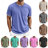 billige grunnleggende t-skjorter-Herre T skjorte 100% bomullssyre-vaskeskjorte Kortermet Crew-hals Sommer Vår Alle årstider Helfarge Enkel Elegant Årgang Nøytral Lomme Plaggfarget Nedtrykt Avslappet Hjem utendørs Lyseblå Svart Brun