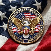  Памятная монета США к 250-летию с изображением патриотических орла и креста и надписью «Боже, благослови Америку» — коллекционный предмет.