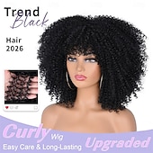 Недорогие Парик из искусственных волос без шапочки-основы-Кудрявые афро-парики для чернокожих женщин, афро-парик с челкой, без клея, пышный и объемный, как бомба, подходит для повседневной носки и работы, черный цвет