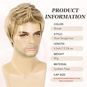 economico Parrucche uomo-Parrucca bionda da uomo, corta, liscia, in capelli sintetici biondi, per uso quotidiano, costume anime, Halloween, cosplay e feste (adatta a circonferenze della testa di 21-22,5 pollici).