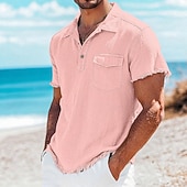 billiga Bomull och linne T-shirts-Herr T-tröja Linne T-shirt Kort ärm Polokrage Sommar Slät Mode Designer Grundläggande Ficka Mjukt Rå kant Strand Semester Ledigt / vardag Blå Vit Rodnande Rosa Topp t-shirt för män