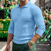 cheap St. Patrick's Day-Men's Rib Knit Top Textured Casual Street Lapel Long Sleeve Basic Modern Plain Buttons Spring Fall All Seasons Regular Fit Blue White Navy Blue Gray Rib Knit Top