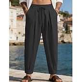 baratos Feriado-Homens Calças de linho Calça verão Calças de praia Com Cordão Bolsos Tecido Confortável Respirável Comprimento total Diário Casa Ao ar livre Férias Simples Preto Branco Sem Elasticidade