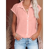 cheap Plain Blouses-Women's Blouse Cotton Shirt Buttons Solid Color Vintage Daily Stylish Short Sleeve Shirt Collar Regular Tops Daily Blue Black White Pink Wine Summer Spring