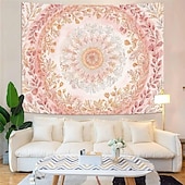 baratos Tapeçarias de Parede-tapeçaria de parede com mandala floral em tons pastel de rosa aquarela, estilo boho romântico, com guirlanda de flores pêssego, ideal para decoração de quarto ou dormitório feminino.