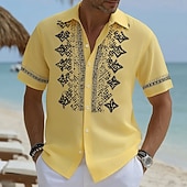 baratos Padrão étnico-Men's Geometric Pattern Ethnic Shirt Button Up Shirt Short Sleeve Vintage Retro Daily Outdoor Vacation Summer Spring Turndown 3D Print Linen Like Shirt Blue Yellow Sky Blue Purple Khaki