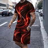 abordables Conjuntos de camisetas estampadas para hombre-Hombre Geométrico Línea 2 piezas Conjuntos de camisetas Tops de verano Manga Corta Pantalones cortos Cuello Barco Casual De moda Diario Exterior Vacaciones Impresión 3D Verano Azul Piscina Rojo Marrón