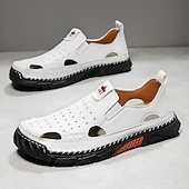 abordables Sandalias casuales-Mocasines casuales de verano de piel sintética para hombre: diseño recortado transpirable, suela flexible y ligera, cómodos para playa, resort, viajes y uso diario.