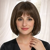 Недорогие старший парик-Элегантный парик-каре для женщин — гладкий темно-коричневый с естественной челкой.