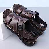 ieftine Sandale de vacanță-Sandale bărbătești din piele maro, model pescar, cu vârful închis și croială deschisă, pantofi de mers casual cu cataramă reglabilă, pentru purtare zilnică, călătorii, timp liber în aer liber, vacanțe de vară și confort smart casual